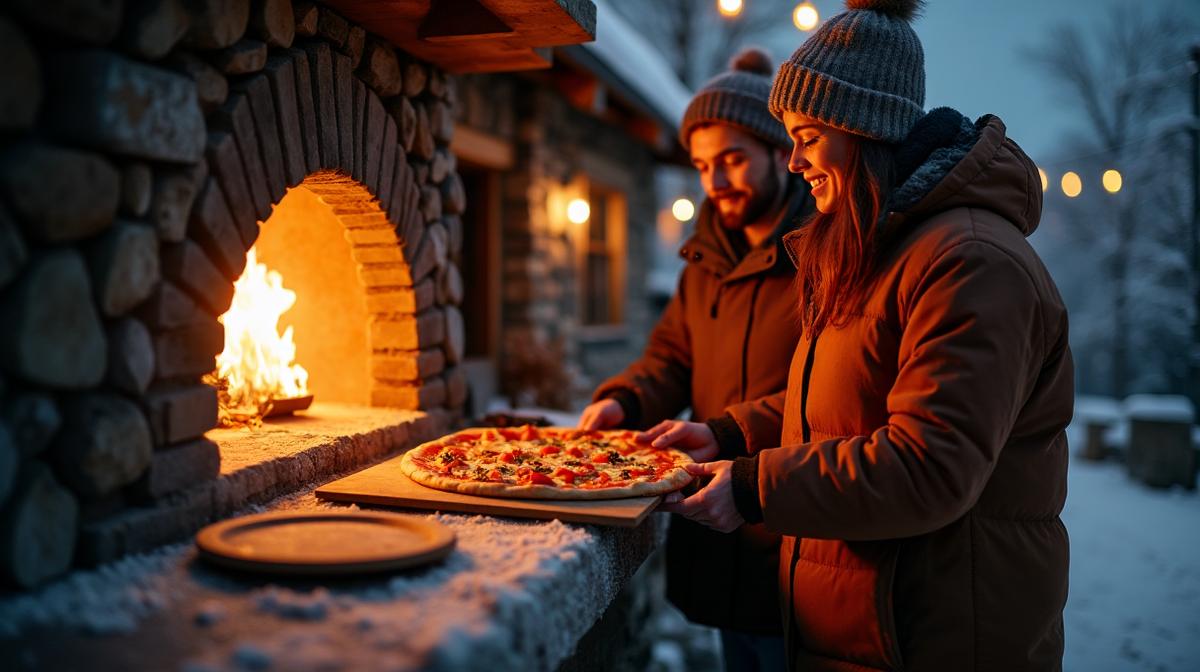 Twee gasten in winterjassen halen een pizza uit de brandende steenoven buiten in de sneeuw